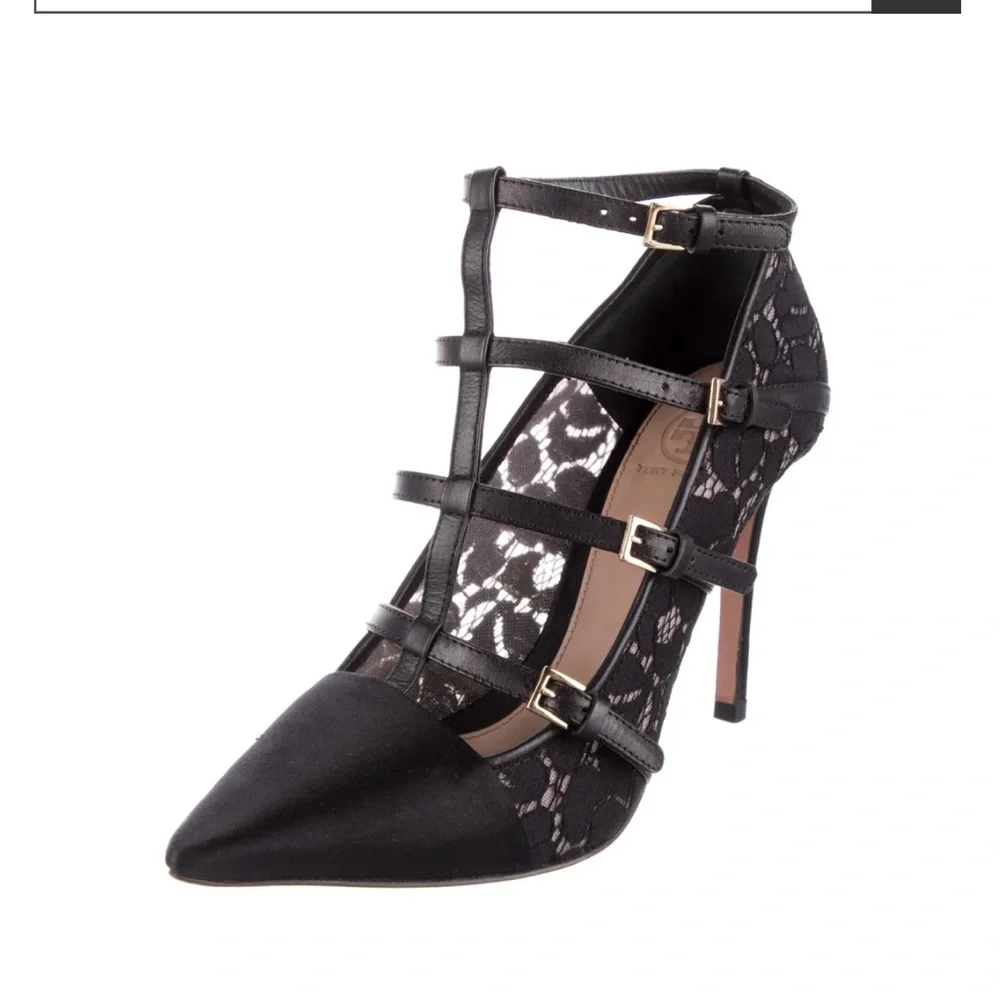 Like New TORY BURCH Satin Lace Pattern T-Strap Pumps